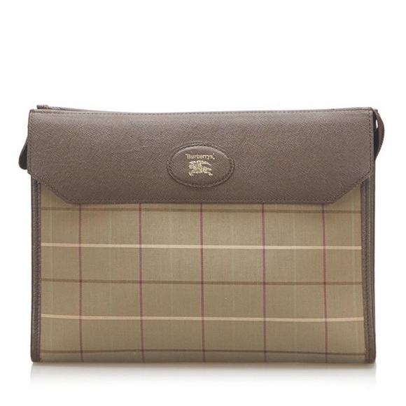 Burberry Vintage Brown Plaid Canvas Authentic Designer Clutch Shoulder Bag - Picture 1 of 15
